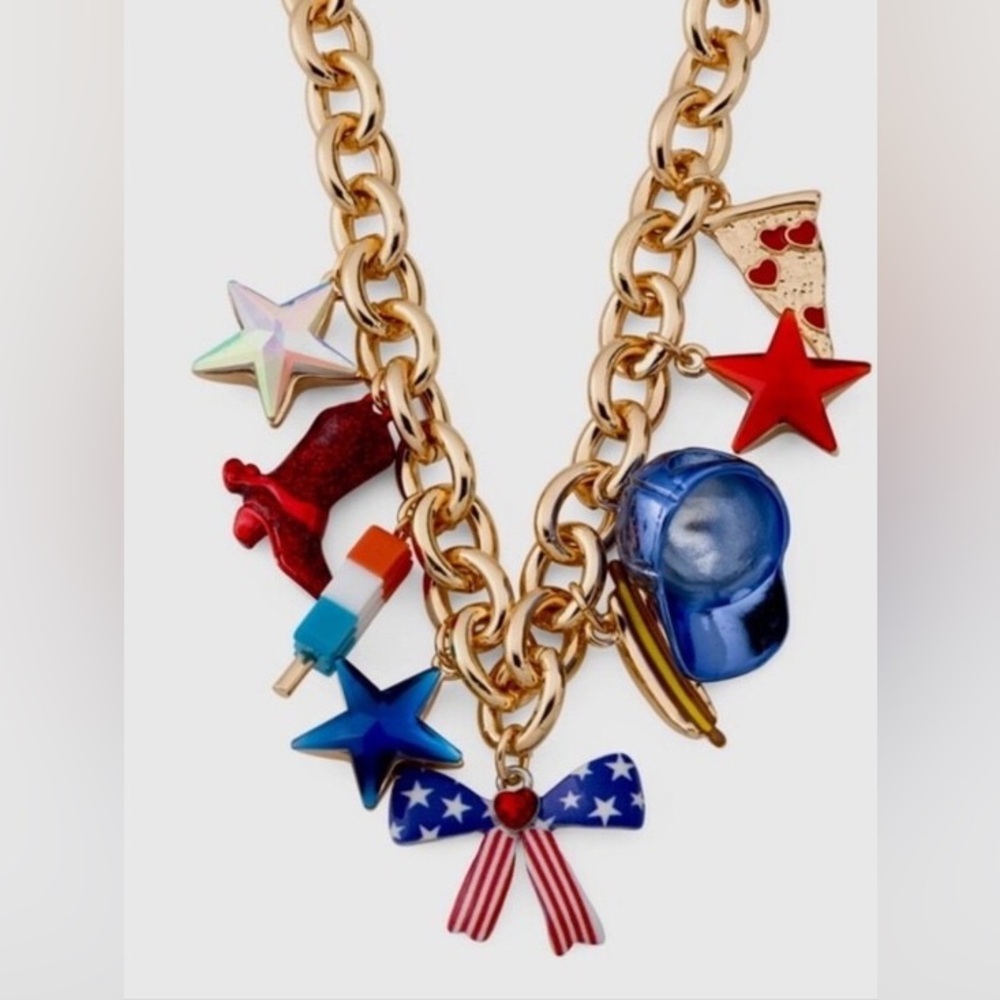 Betsey Johnson Americana Patriotic Charm Necklace with Red, Blue, White Accents